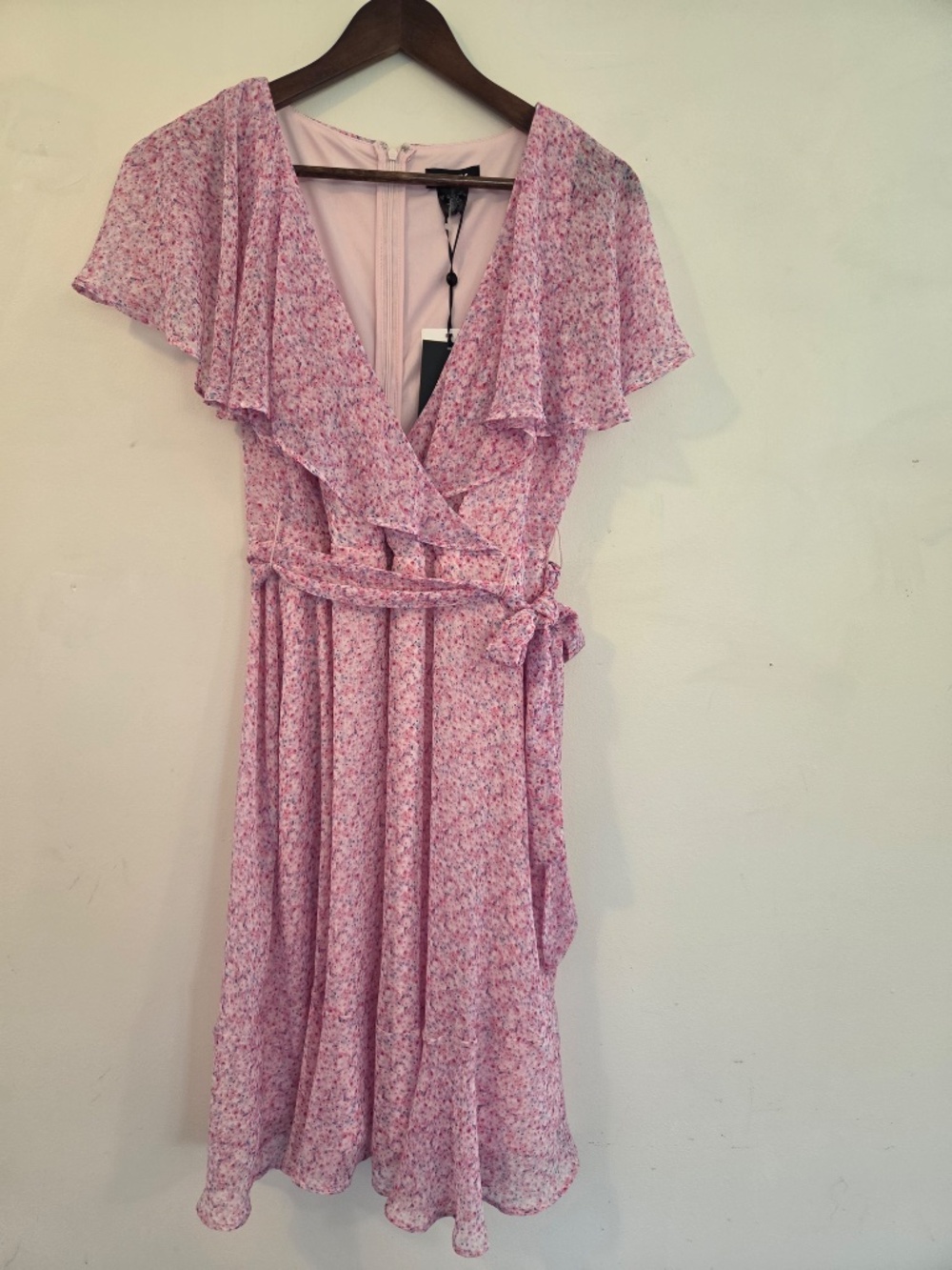 NWT DKNY dress S faux wrap pink floral tiered skirt wedding guest event date - Picture 2 of 16